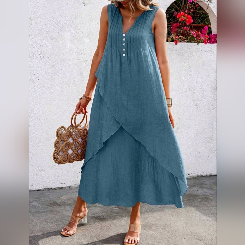 New Flowy Layered Button Trim Sleeveless Long Dress Blue - Picture 5 of 7
